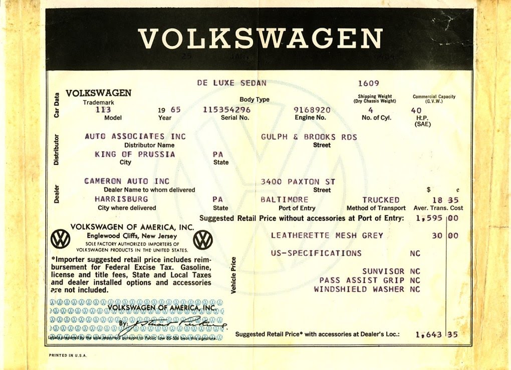 General Tom's Blog! 1965 Volkswagen Window Sticker