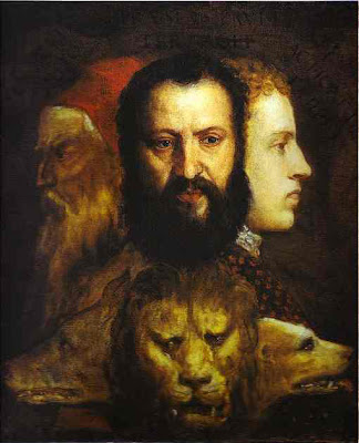 Tiziano, Alegoría del Tiempo gobernado por la Prudencia, 1565 h, óleo sobre lienzo, 75,6 x 68,6 cm., National Gallery, Londres Tiziano, Alegoría del Tiempo gobernado por la Prudencia, 1565 h, óleo sobre lienzo, 75,6 x 68,6 cm., National Gallery, Londres