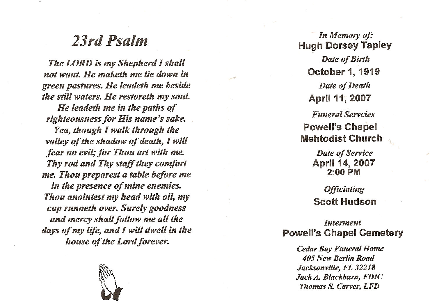 my tapley tree and its branches funeral card friday coming home