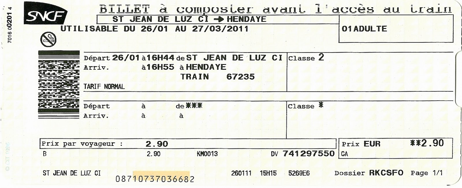 The traveler's drawer SNCF. Billet de St. Jean de Luz à Hendaye (26.01