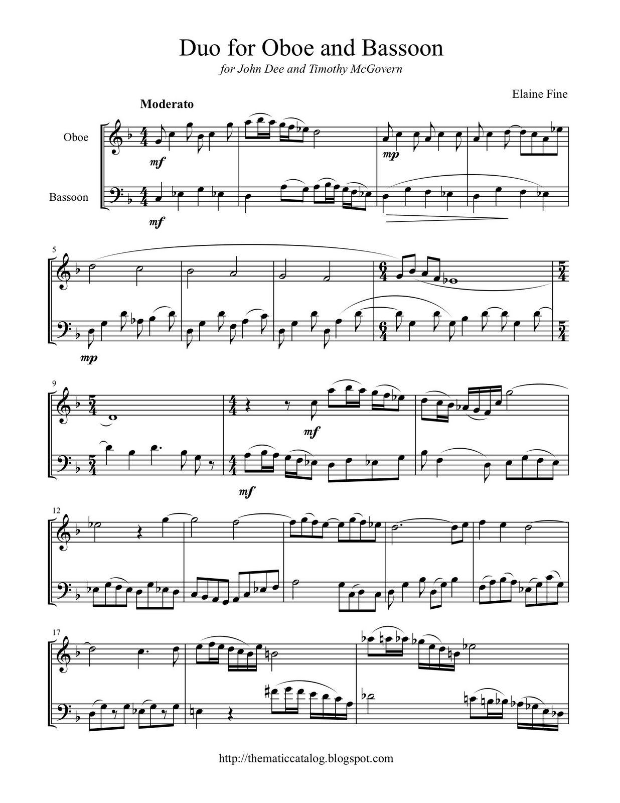 Elaine Fine's Thematic Catalog Duo for Oboe and Bassoon