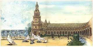 Ilustración cuento infantil de la Plaza de España en Sevilla, hecha por ªRU-MOR