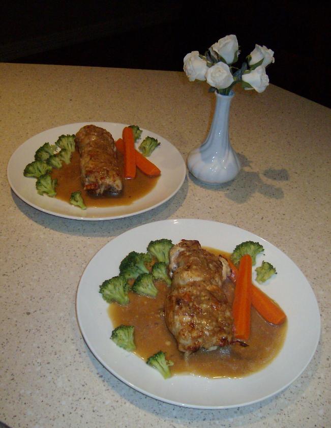 dinner with jack Chicken rolled with prosciutto, roasted capsicum and