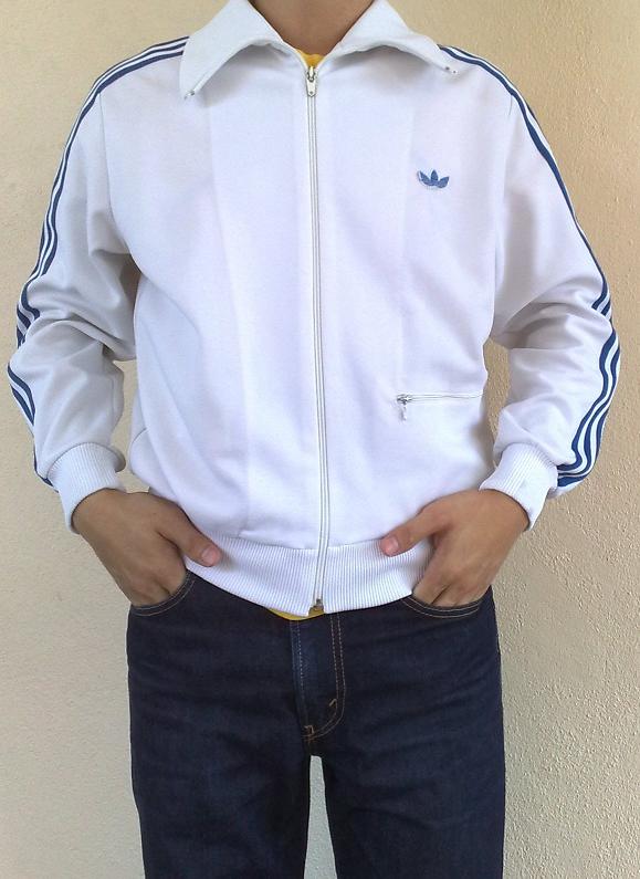 white adidas jacket with blue stripes