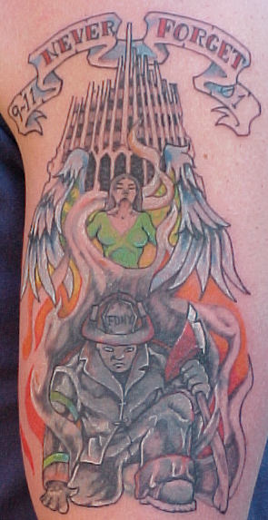 911 tattoo with angel and firefighter.