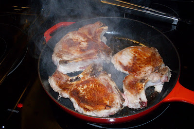 Brown the chops before adding the potatoes for One Pan Pork Chops and Scalloped Potatoes.