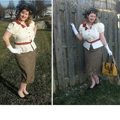 1940s halo hat and peplum blouse with wiggle skirt via va-voom vintage