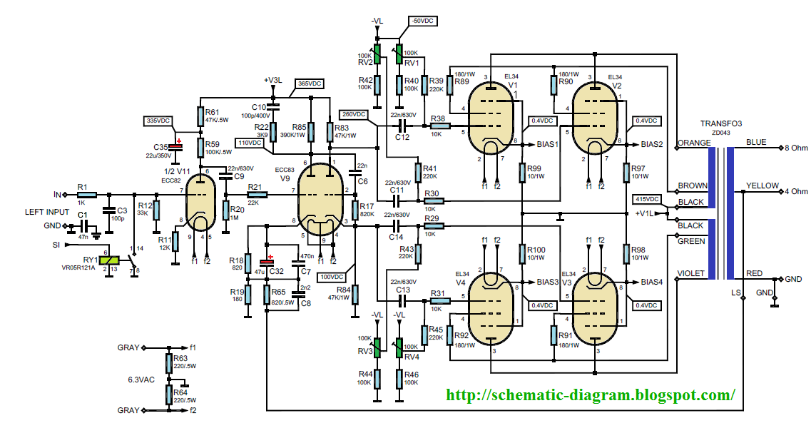 90WATT VALVE POWER AMPLIFIER WITH EL34 + ECC83 + ECC82 Circuit