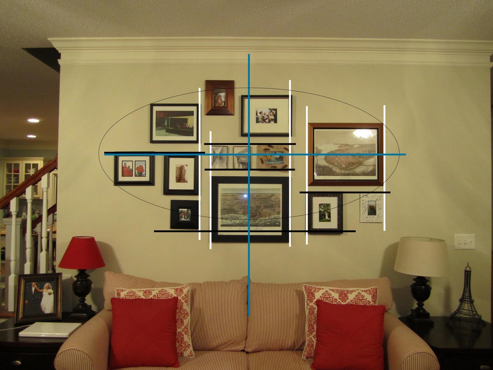 wall frames on living room wall