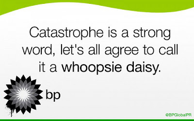mock ad saying catastrophe is such a strong word.  Call it a whoospie daisy. An oil leaking logo also is featured.