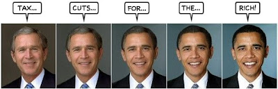 five panel graphic with Bush morphing into Obama, each panel having one of the following words: tax cuts for the rich