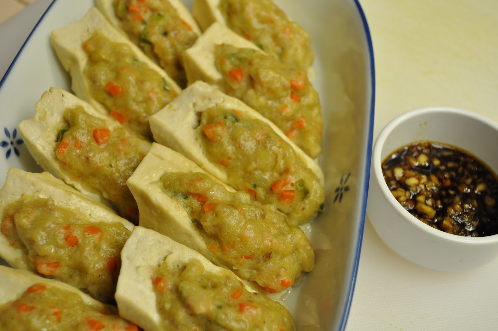 Food Pandora Stuffed Tofu with Chicken and Shrimp Paste