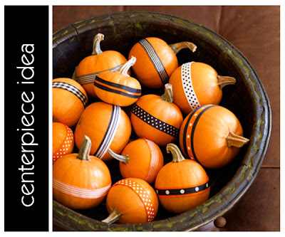 Use fall ribbon to decorate mini pumpkins in bowl