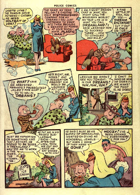 A cartoon drawing of a sexy red headed woman in a tight blue dress appears on this classic golden age comic book page by famous cartoonist Jack Cole.