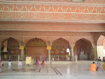 Finely carved ceilings and walls of the Govind Devji Temple in Jaipur