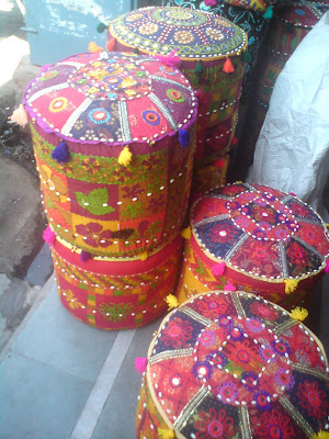 Colorful seats known as moodas - Shopping in Jaipur
