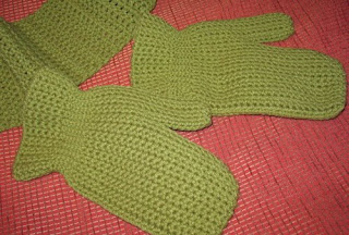 crochet hat, mittens, and scarf set