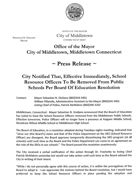 middletowneye Mayor's Press Release On Removal of Officers From Schools