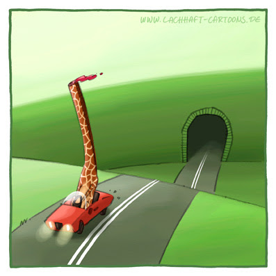 Auto Cabrio fahren Tunnel gefährlich Gefahr Giraffe kopflos Cartoon Cartoons Witze witzig witzige lustige Bildwitze Bilderwitze Comic Zeichnungen lustig Karikatur Karikaturen Illustrationen Michael Mantel lachhaft Spaß Humor