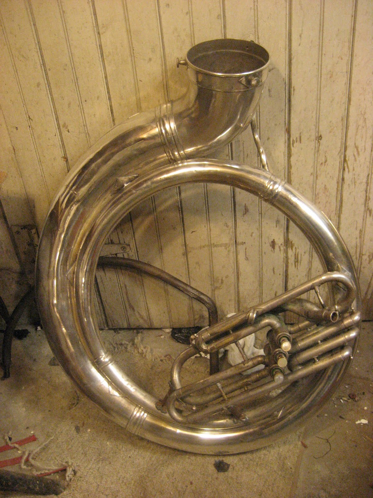 Harvs Happy Horns more King sousaphone Backed over By a Truck Repaired