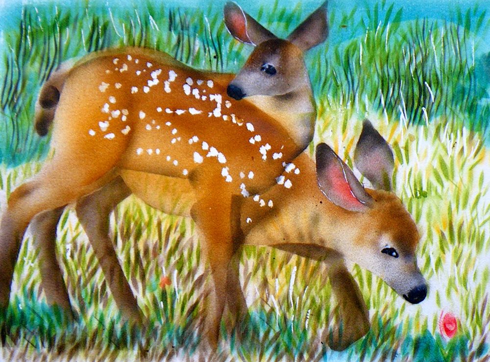 A Woodcarving and Traveling Life Overlapping Fawns Airbrush Painting
