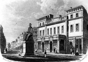 Fitzalan Market Hall and Ebenezer Elliott Monument, Market Place/Angel Street from High Street