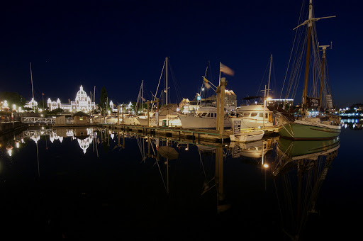 Inner Harbour at night with Legislative Assembly Buildings, Victoria, BC, Canada