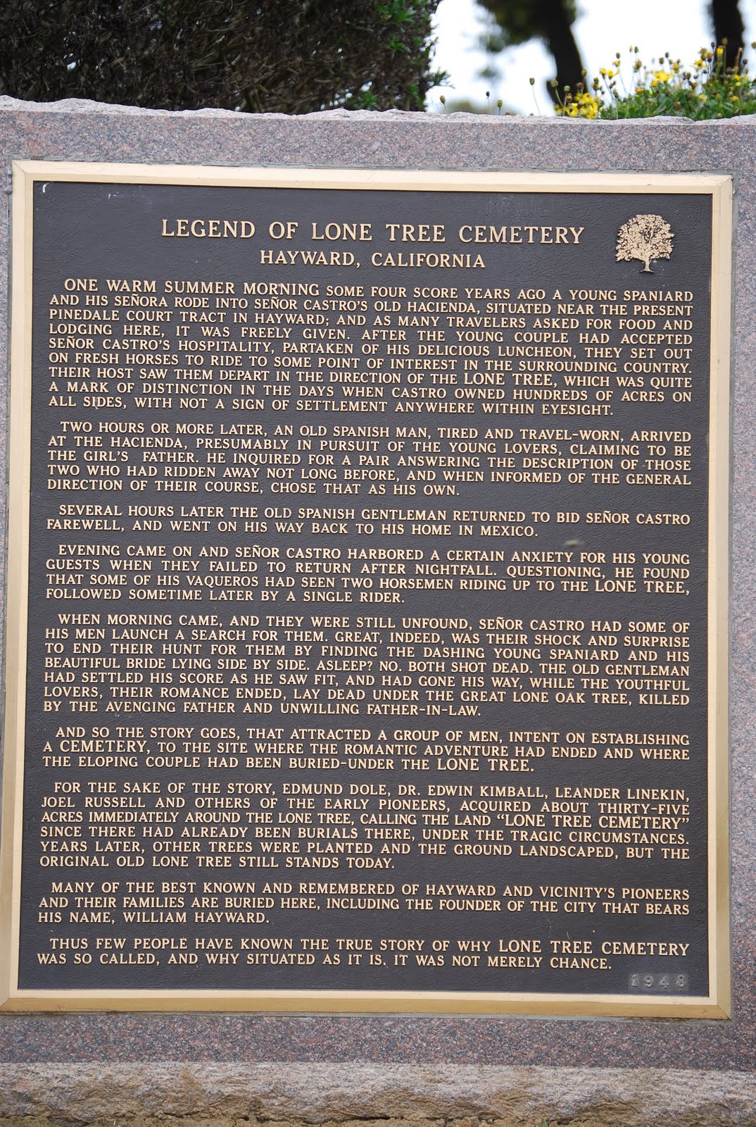Graveyard Rabbit of South Alameda County "Legend of Lone Tree" Plaque