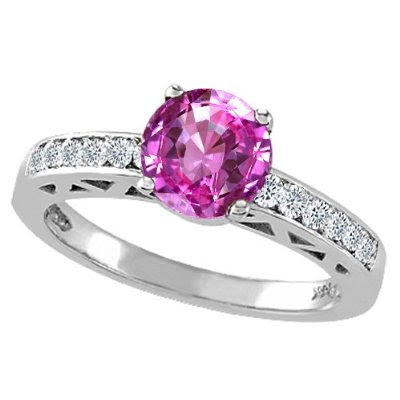 Genuine Lab Created Pink Sapphire and Diamond Solitaire Engagement Ring