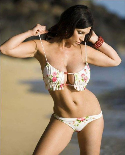 Denise Milani in White Pretty Floral Bikini Beachwear Fashion Model Photo 