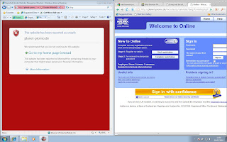Screenshot of IE8 SmartFilter blocking a phishing site alongside Comodo Dragon