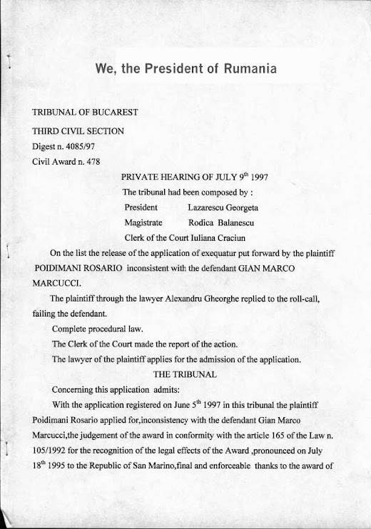 SENTENZA EMESSA DAL TRIBUNALE  DI BUCAREST, ROMANIA, SULLA LEGITTIMITA' DELLE PRETESE DI D. ROSARIO