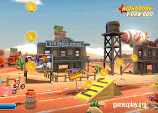 £d cartoon bike about to jump and collect coins in this cowboy scene