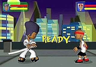 cartoon fighters face each othr one in karate suit and sword orther in headband and t-shirt