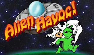 flying saucer with alien running away carrying cow over his sholder