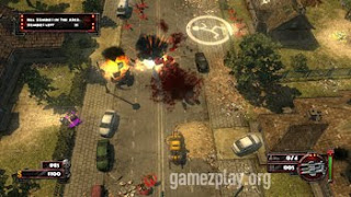 street scene with crashed cars and zombies walking around
