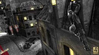 the saboteur hanging from the roof a building looking down onto the street