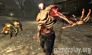 zombie man with arm down to bone and skull head in this dark screenshot