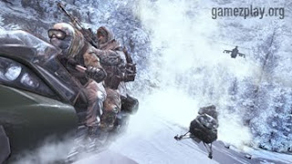 Cliffhanger_Hot_Pursuit copter chasing soldier on ski mobile through snow forest