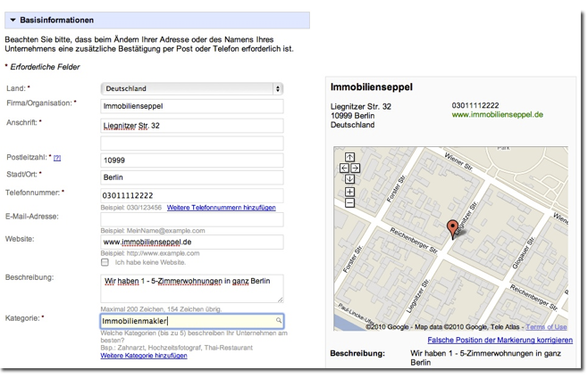 Beispieleintrag fuer Immobilien in Google Places