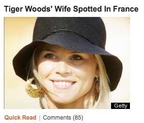 Blonde woman with headline Tiger Woods' Wife Spotted in France