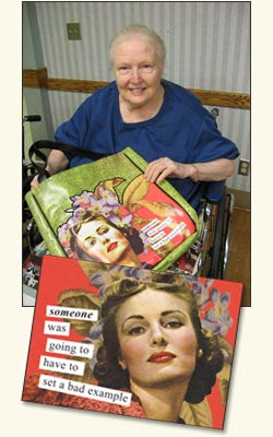 Photo of an older woman in a wheelchair, holding an Anne Tainter collage with her photo from the 50s. Headline Someone was going to have to set a bad example