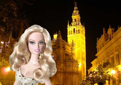 50th anniversary blonde Barbie against a backdrop of Seville at night