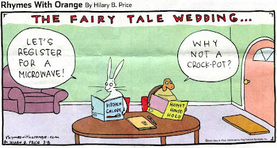 Labeled A Fairy Tale Wedding, the tortoise and hare peruse kitchen magazines. Hare wants a microwave, tortoise wants a slow-cooker.