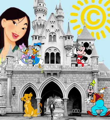 Collage of black and white photo of Disneyland castle with Walt Disney in foreground surrounded by color Mickey, Donald, Daisy, Sima and Goofy with huge Mulan looking over the roof and a yellow Copyright sun shining down