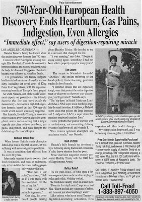 Black and white ad, mostly text, with photo at right and headline reading 750-year-old European Health Discovery Ends Heartburn, Gas Pains, Indigestion, Even Allergies