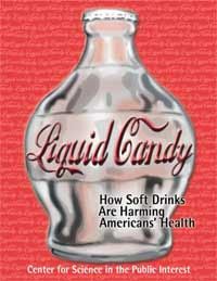 Cover of the Liquid Candy report, showing a fattened Coke bottle