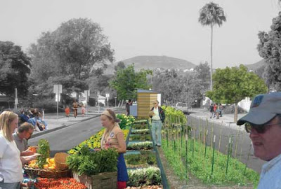 Photo of a wide suburban street whose median has been turned into vegetable rows and a farm stand