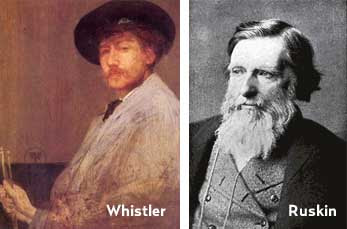 Self portrait of Whistler next to black and white photo of Ruskin