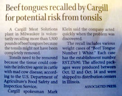 Short AP story with headline Beef Tongues Recalled by Cargill for Potential Risk from Tonsils